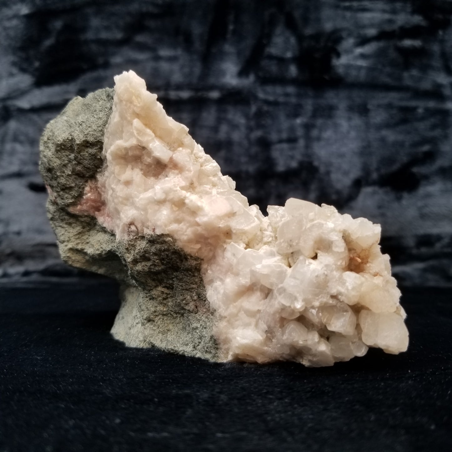#11300 White Dolomite and Chalcopyrite on clear Dogtooth Spar Calcite cluster on pink and white Calcite on matrix
