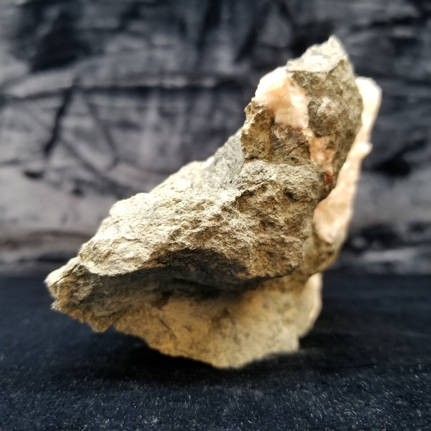 #11300 White Dolomite and Chalcopyrite on clear Dogtooth Spar Calcite cluster on pink and white Calcite on matrix