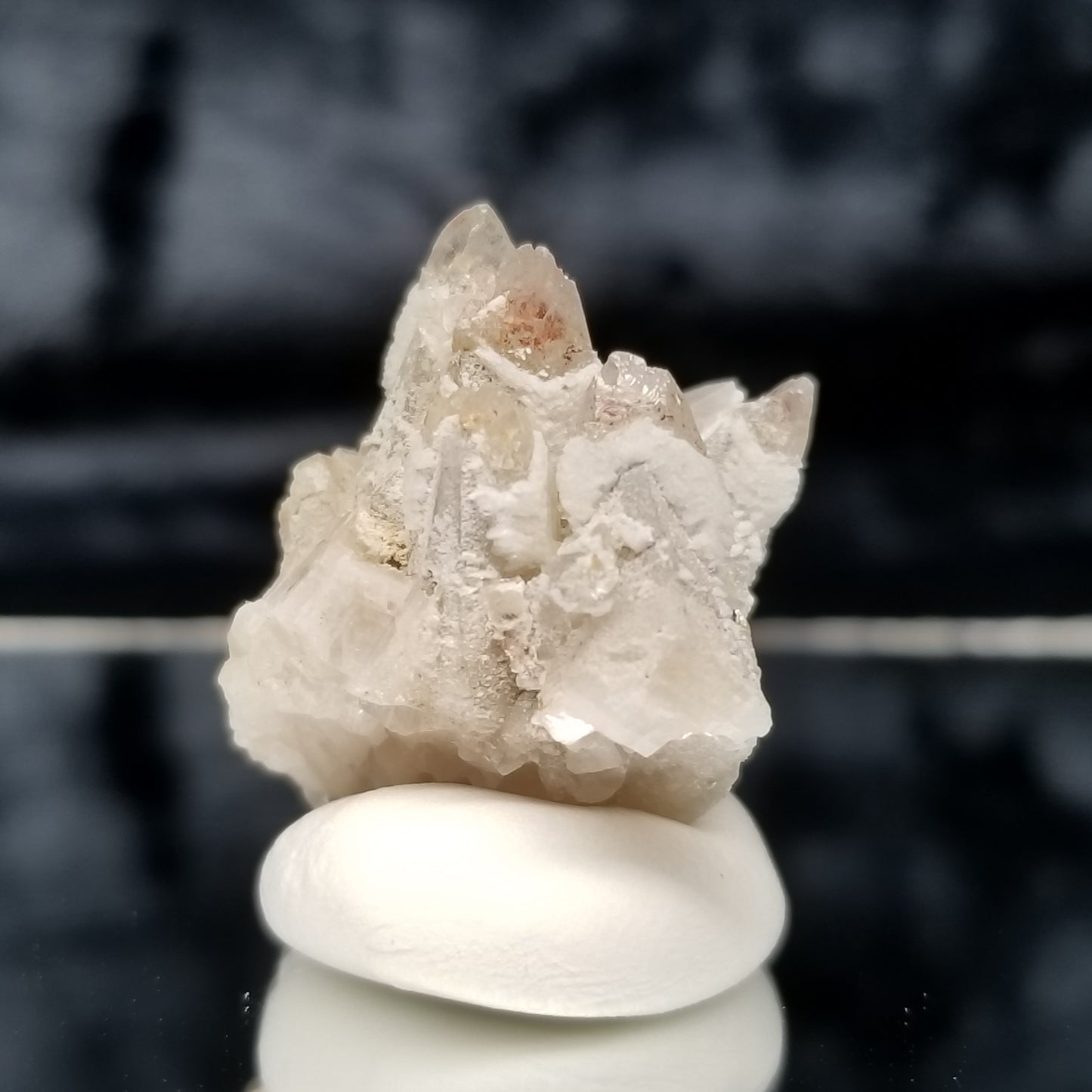 #11348 White Dolomite and Chalcopyrite on clear Combined form Calcite cluster with Hematite inclusions on matrix