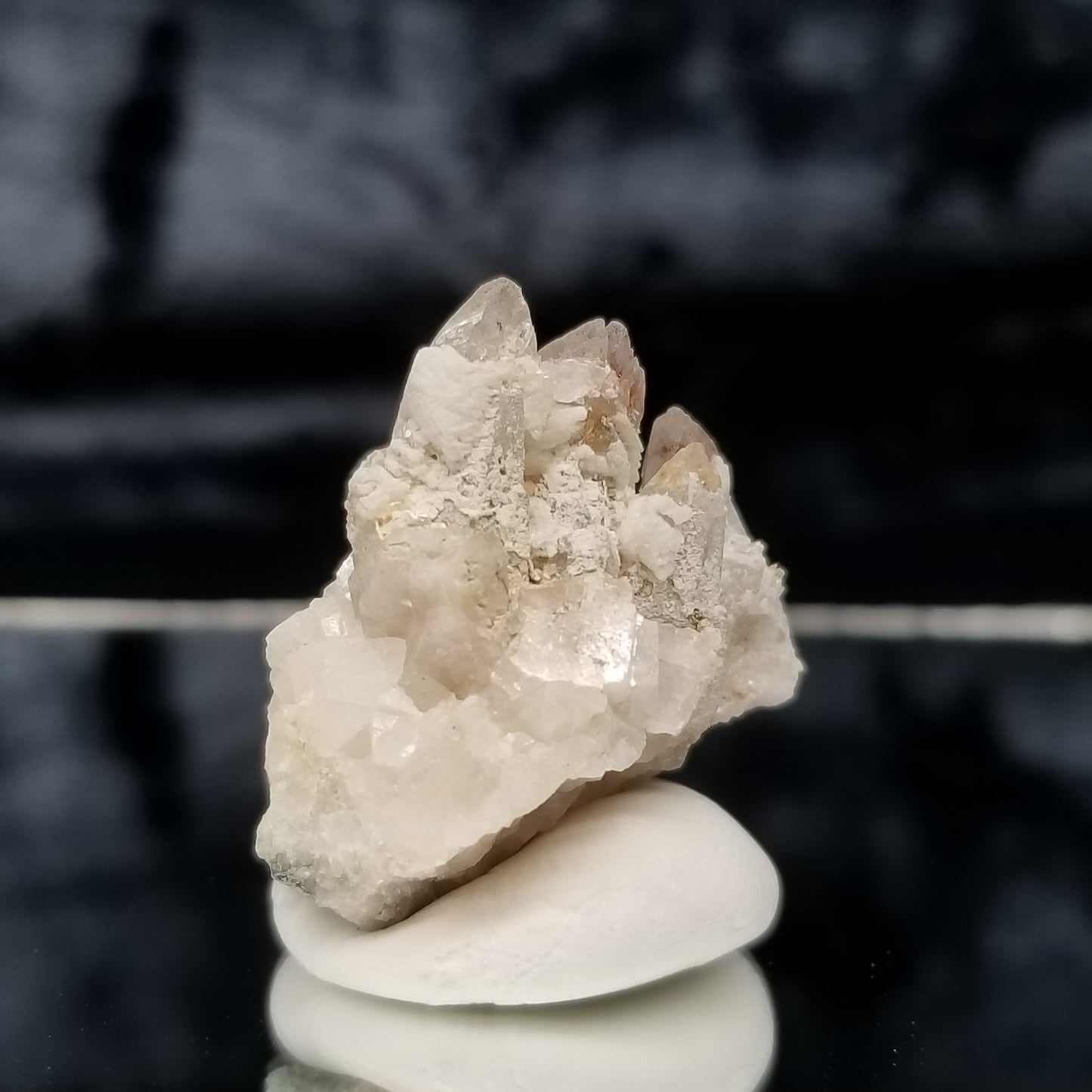 #11348 White Dolomite and Chalcopyrite on clear Combined form Calcite cluster with Hematite inclusions on matrix