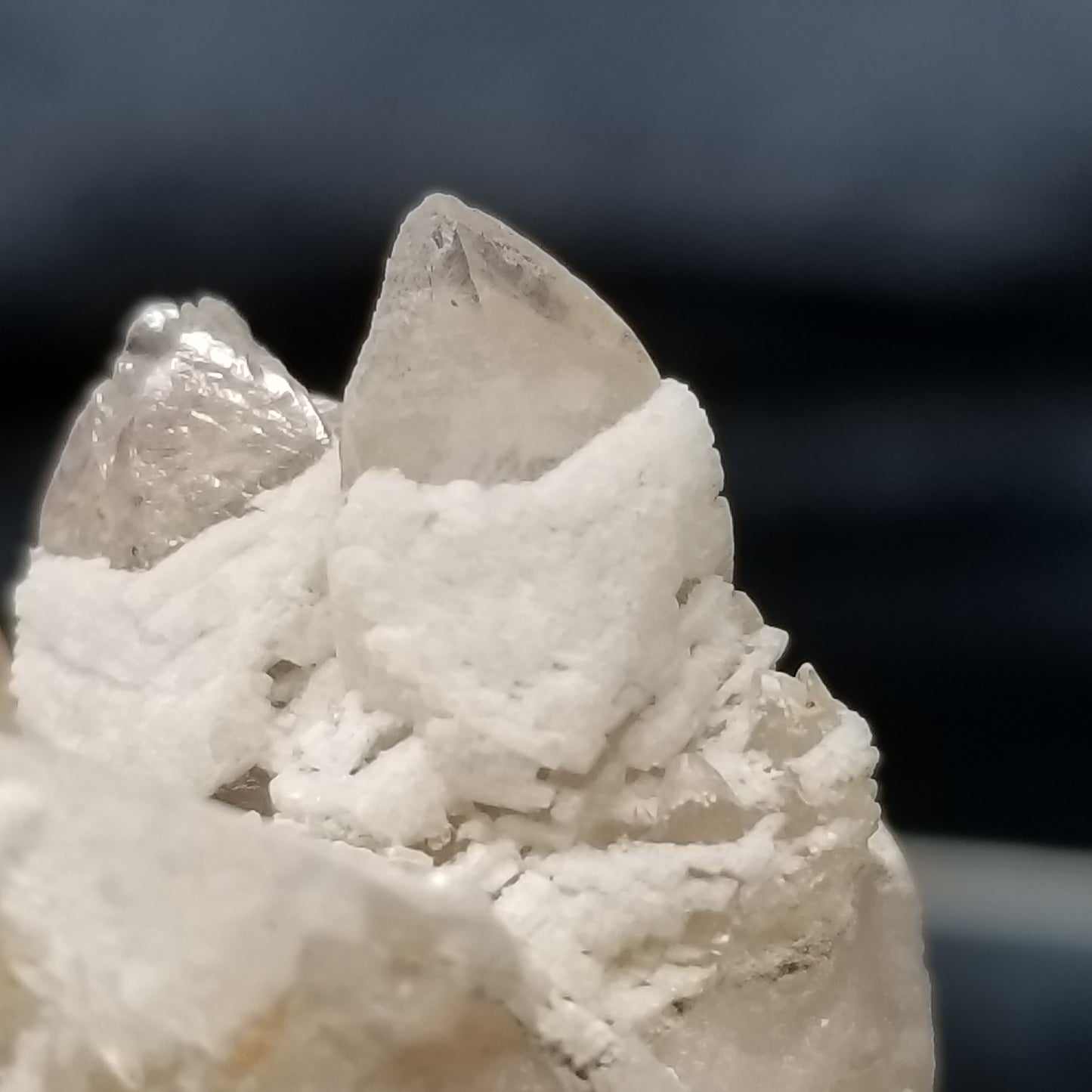 #11348 White Dolomite and Chalcopyrite on clear Combined form Calcite cluster with Hematite inclusions on matrix