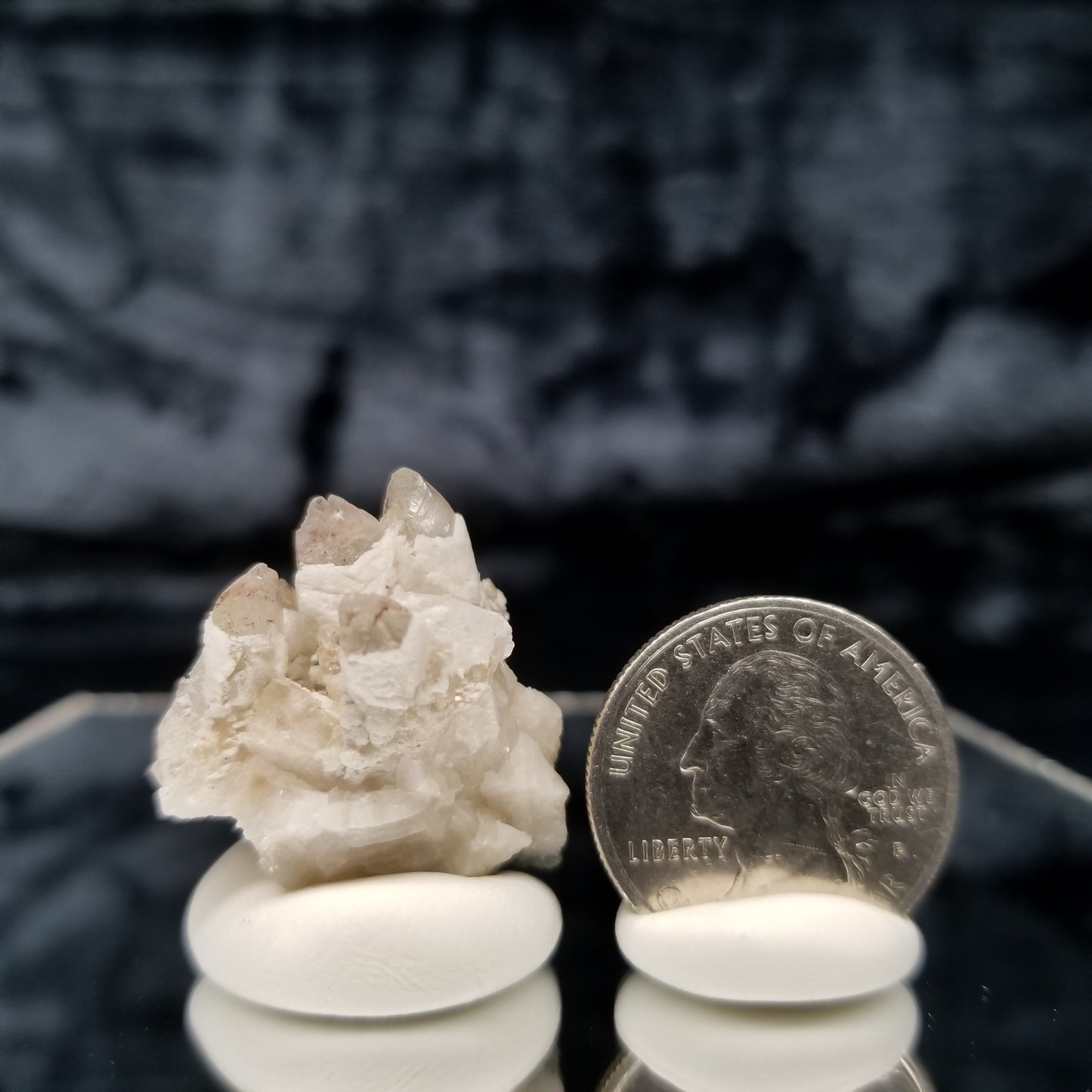 #11348 White Dolomite and Chalcopyrite on clear Combined form Calcite cluster with Hematite inclusions on matrix