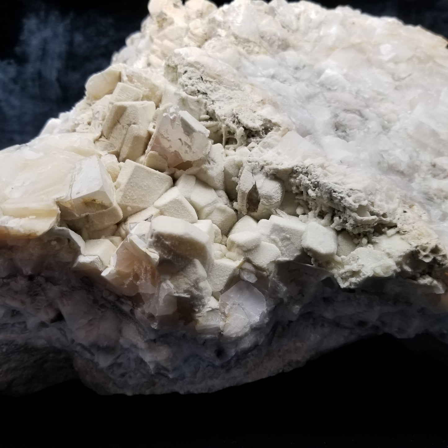 #11296 White Dolomite on Combined form Calcite with Chalcopyrite inclusions multiple formation