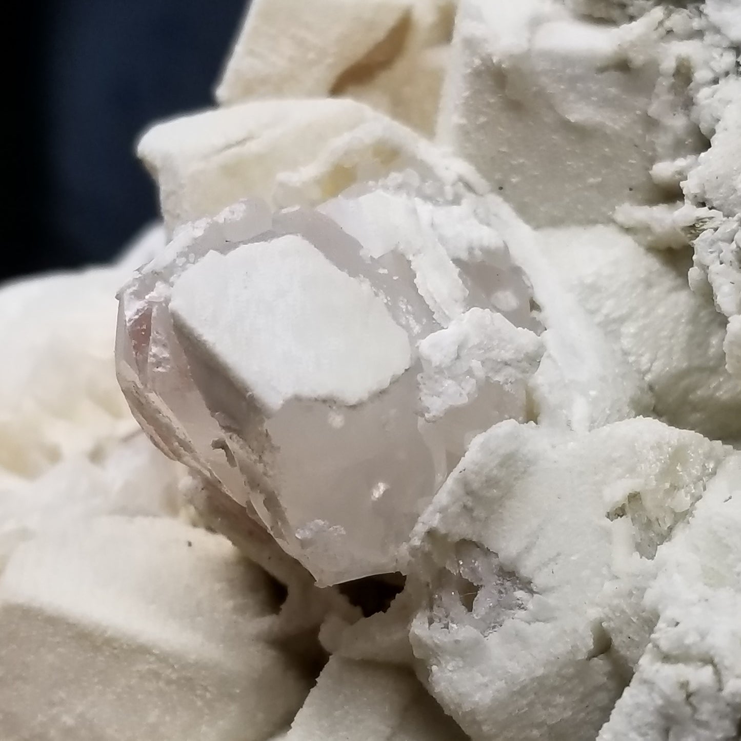 #11296 White Dolomite on Combined form Calcite with Chalcopyrite inclusions multiple formation