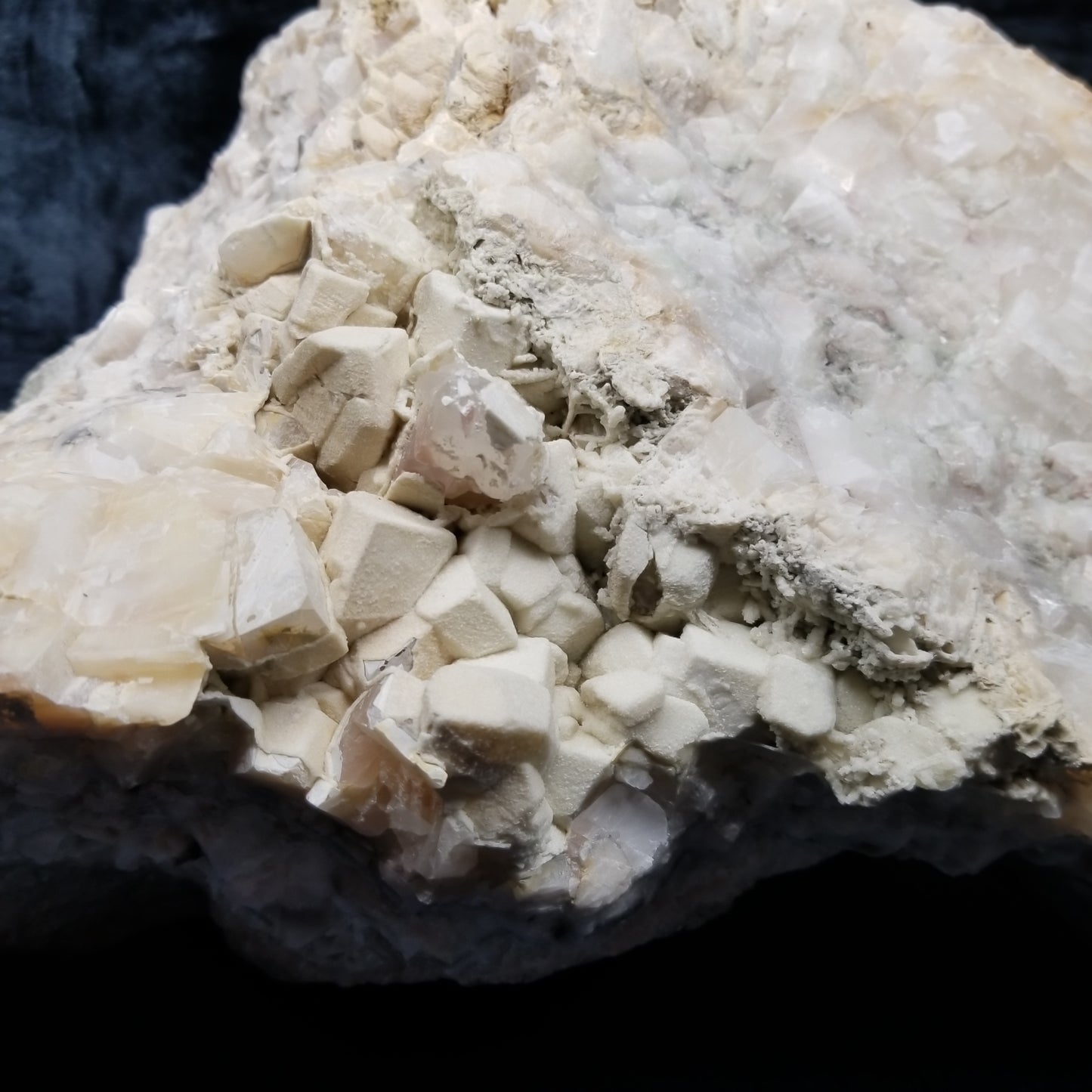 #11296 White Dolomite on Combined form Calcite with Chalcopyrite inclusions multiple formation