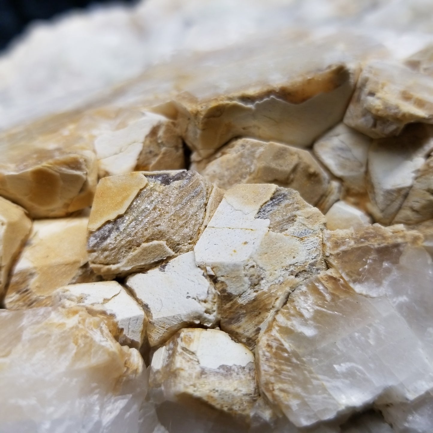 #11296 White Dolomite on Combined form Calcite with Chalcopyrite inclusions multiple formation