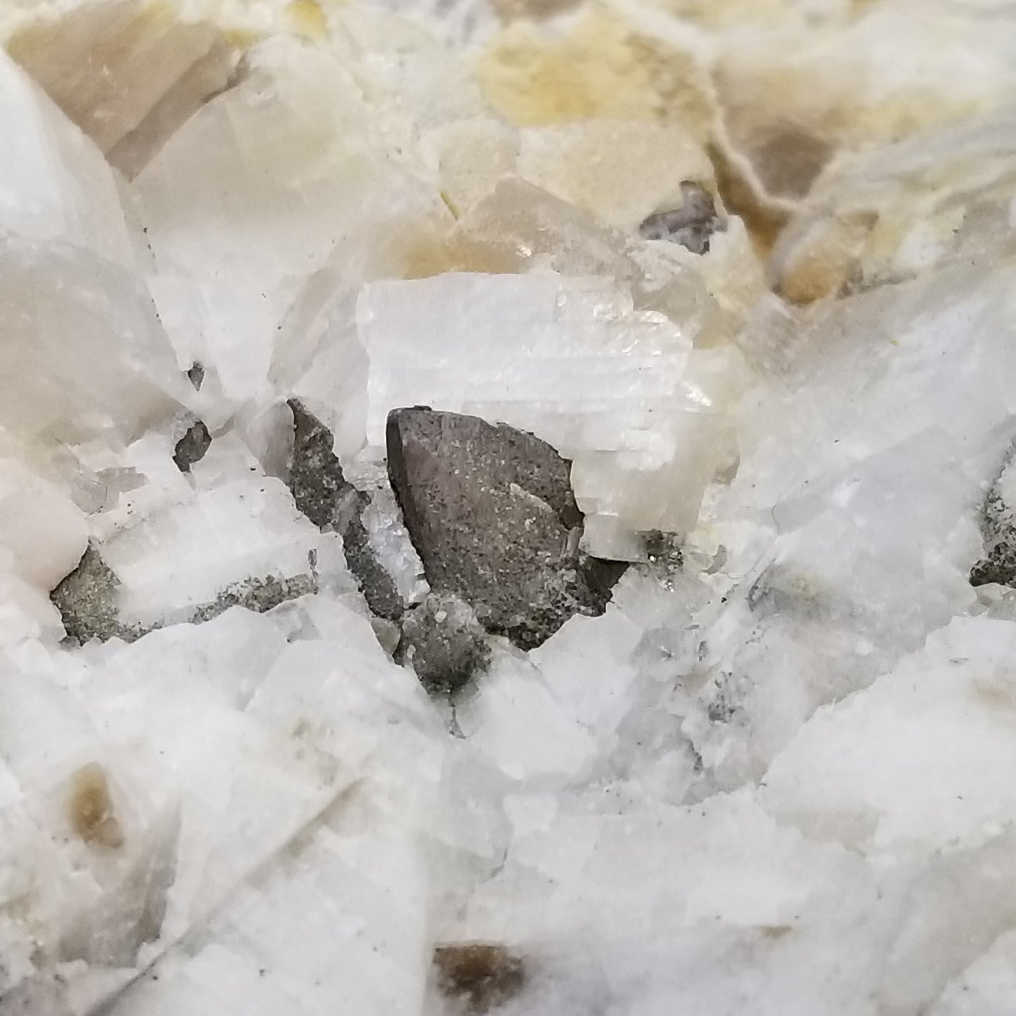 #11296 White Dolomite on Combined form Calcite with Chalcopyrite inclusions multiple formation
