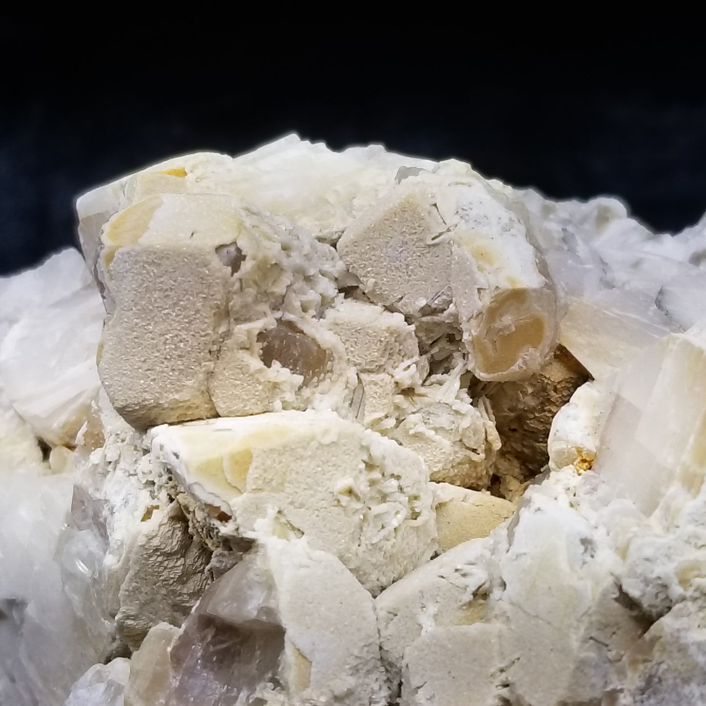 #11296 White Dolomite on Combined form Calcite with Chalcopyrite inclusions multiple formation