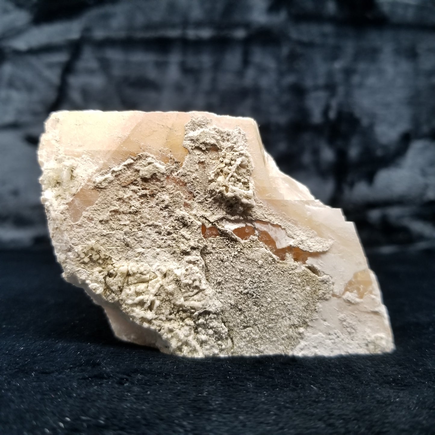 #11371 Dolomite on honey Calcite block with natural angle