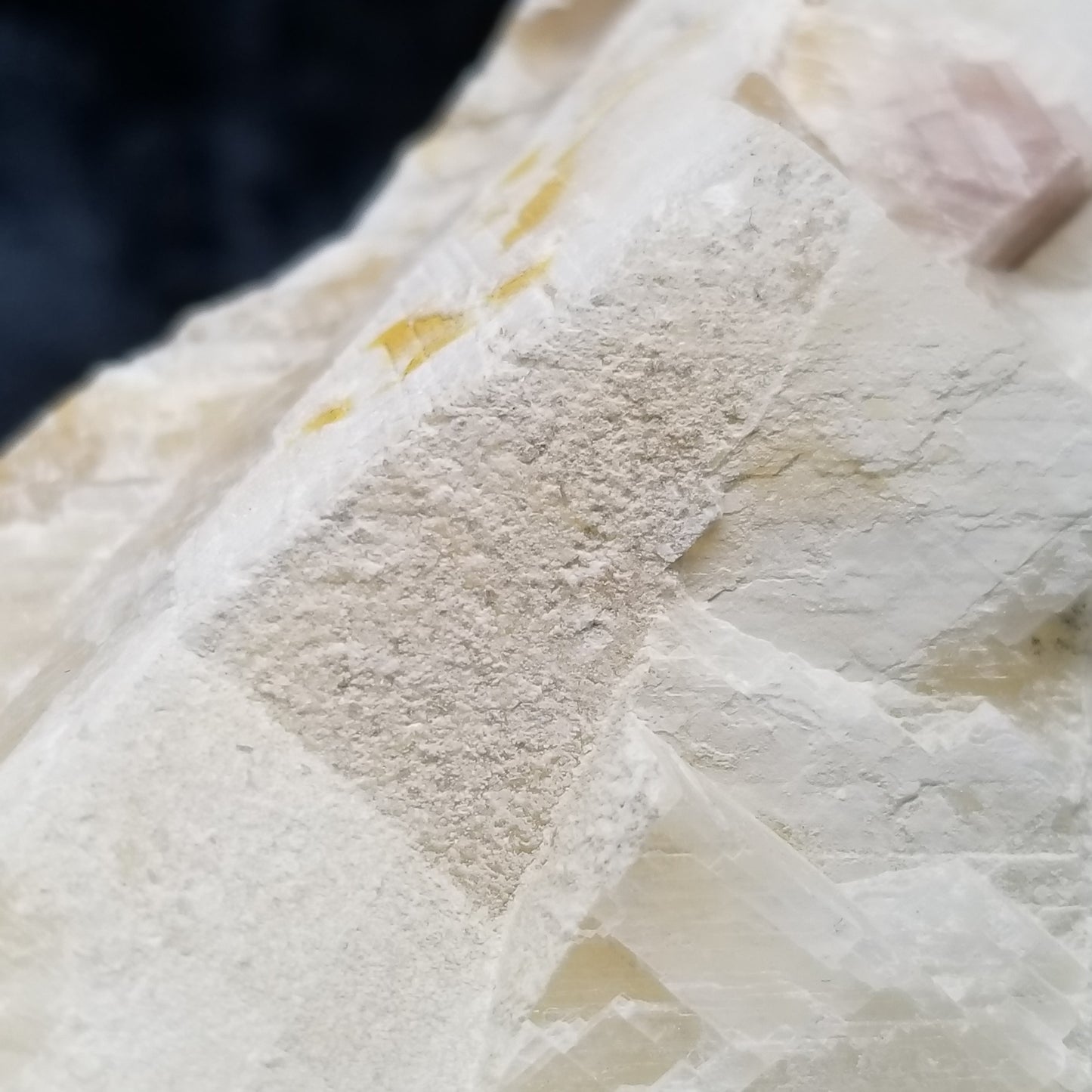 #11387 White Dolomite on white and honey Calcite block with natural angle