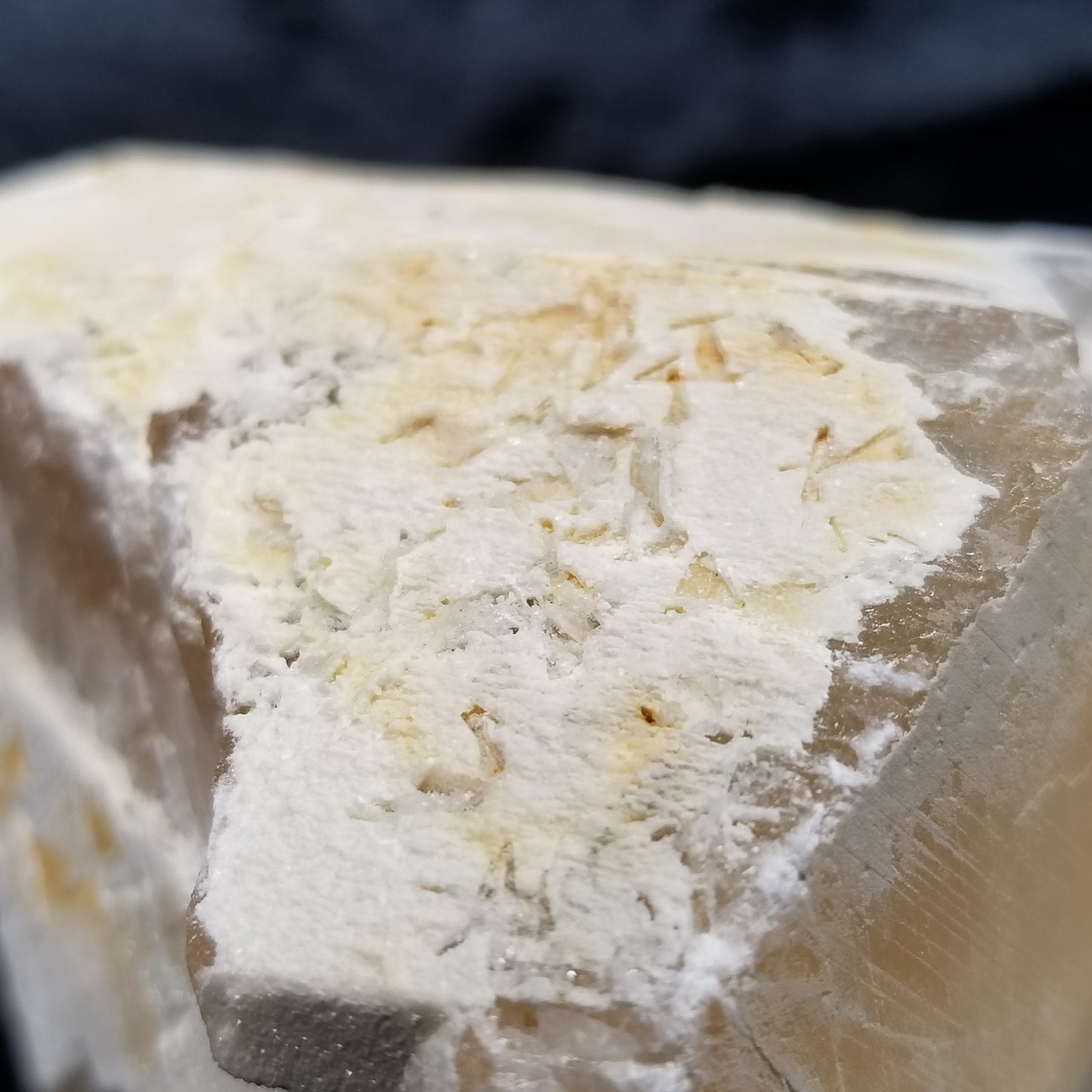 #11387 White Dolomite on white and honey Calcite block with natural angle