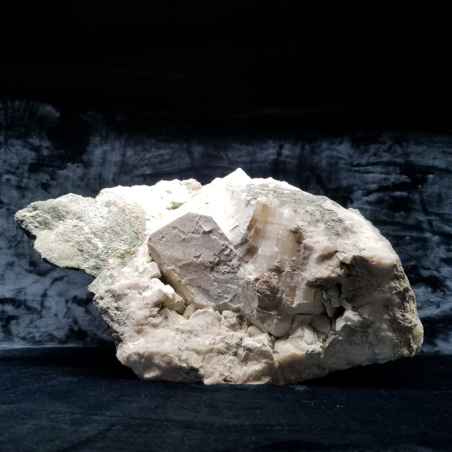 #11063 White Dolomite with small clear Nailhead Spar Calcite on Combined form Calcite and Calcite block formation with Calcite crystals on it and Spirit Quartz