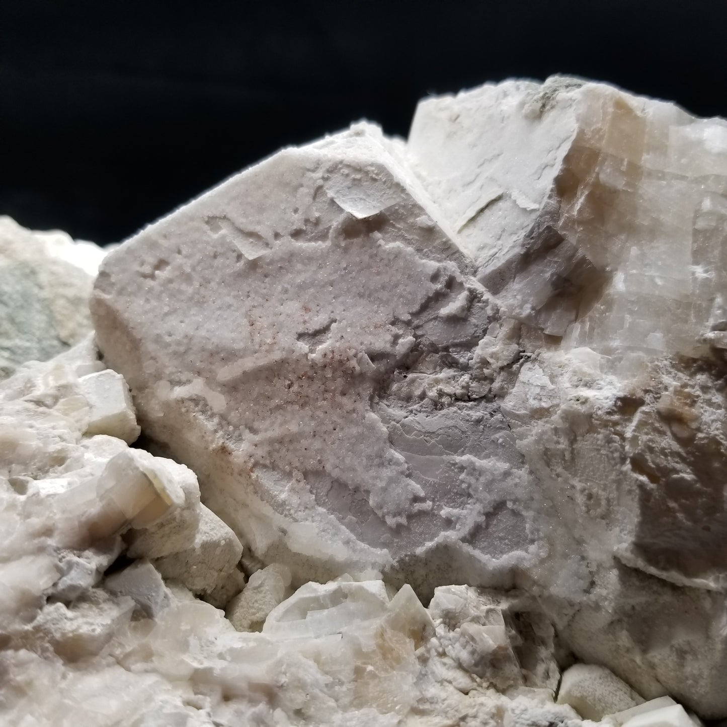 #11063 White Dolomite with small clear Nailhead Spar Calcite on Combined form Calcite and Calcite block formation with Calcite crystals on it and Spirit Quartz