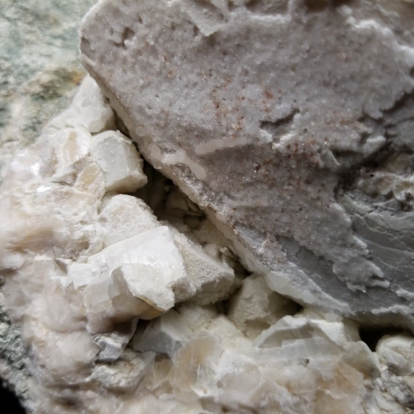 #11063 White Dolomite with small clear Nailhead Spar Calcite on Combined form Calcite and Calcite block formation with Calcite crystals on it and Spirit Quartz