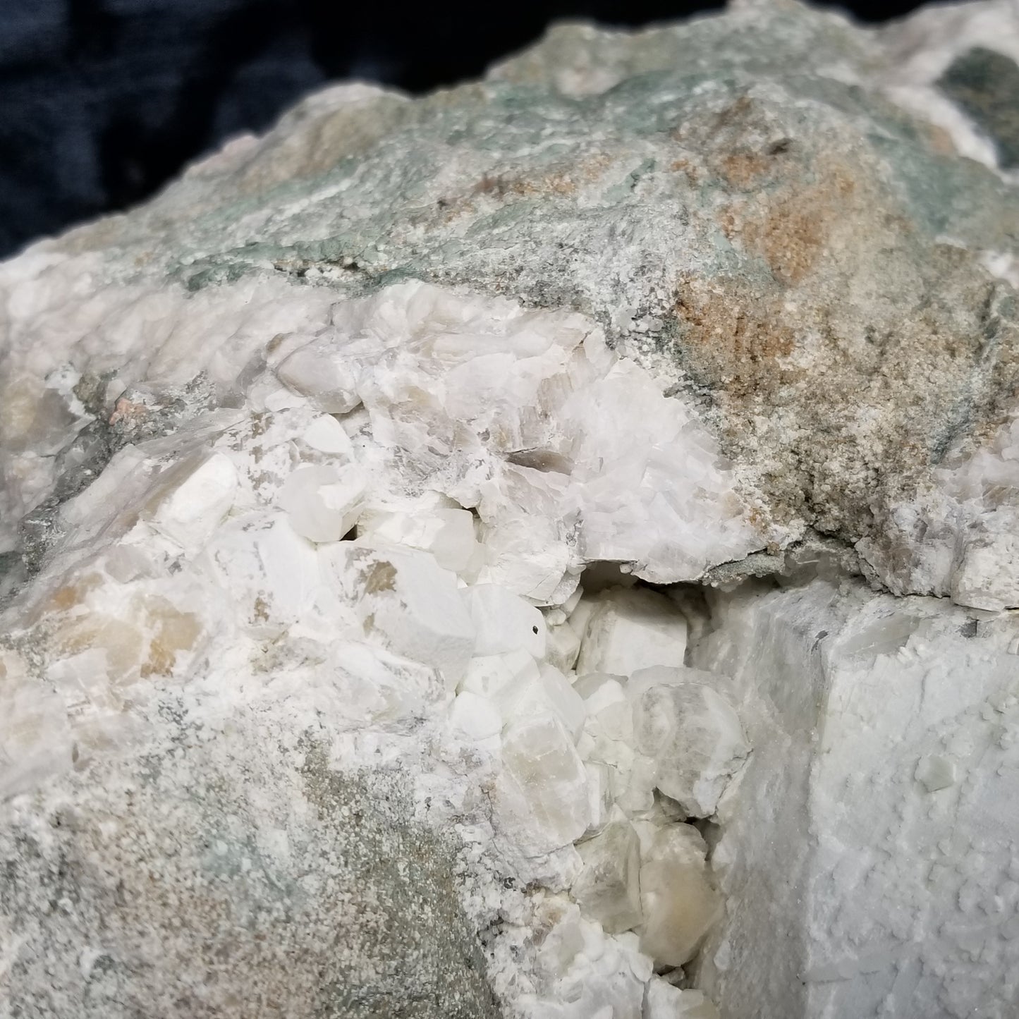 #11063 White Dolomite with small clear Nailhead Spar Calcite on Combined form Calcite and Calcite block formation with Calcite crystals on it and Spirit Quartz