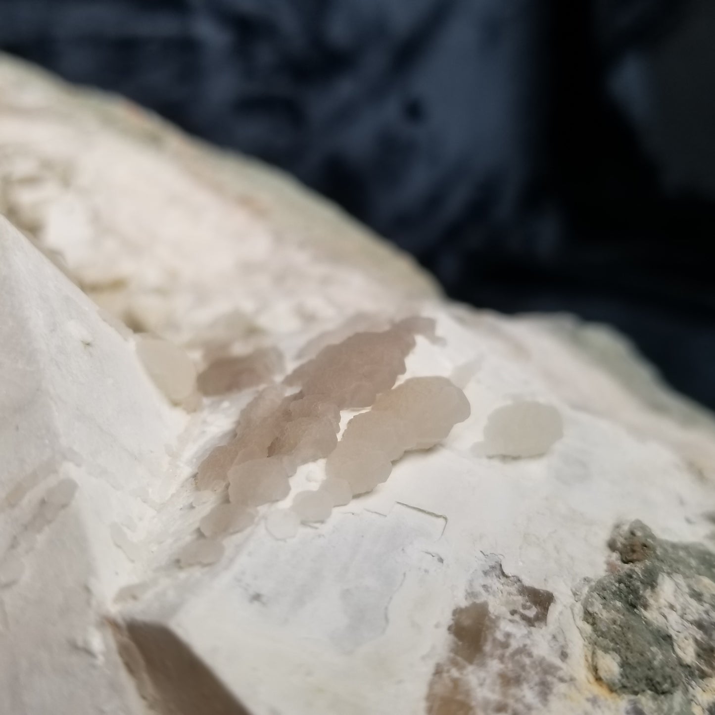 #11063 White Dolomite with small clear Nailhead Spar Calcite on Combined form Calcite and Calcite block formation with Calcite crystals on it and Spirit Quartz