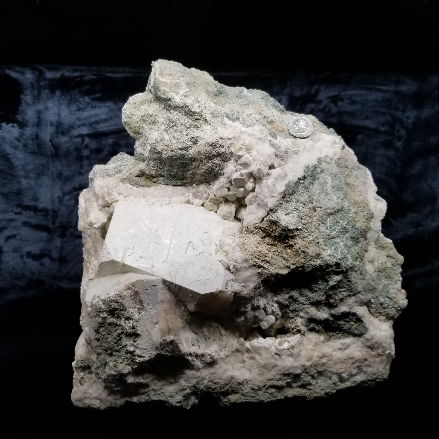 #11063 White Dolomite with small clear Nailhead Spar Calcite on Combined form Calcite and Calcite block formation with Calcite crystals on it and Spirit Quartz