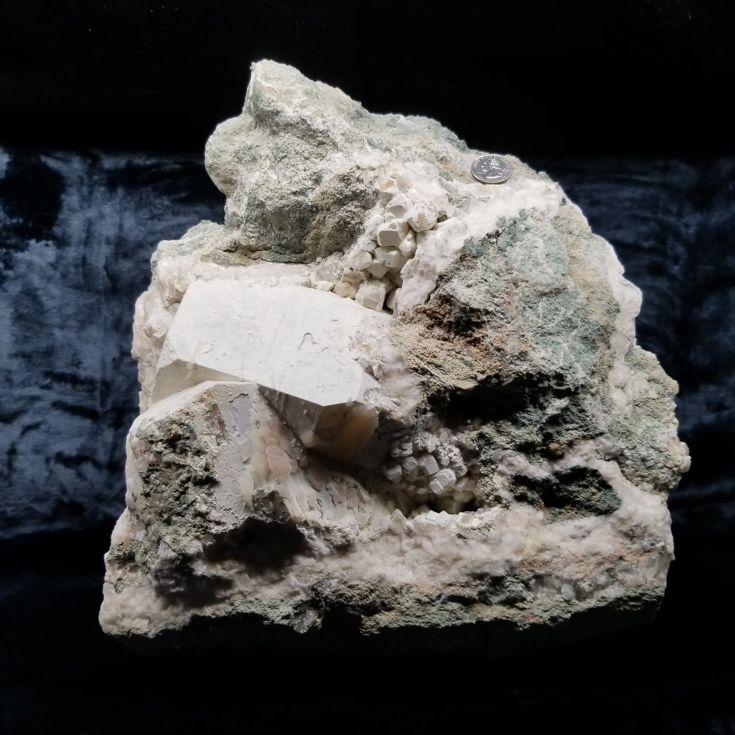 #11063 White Dolomite with small clear Nailhead Spar Calcite on Combined form Calcite and Calcite block formation with Calcite crystals on it and Spirit Quartz
