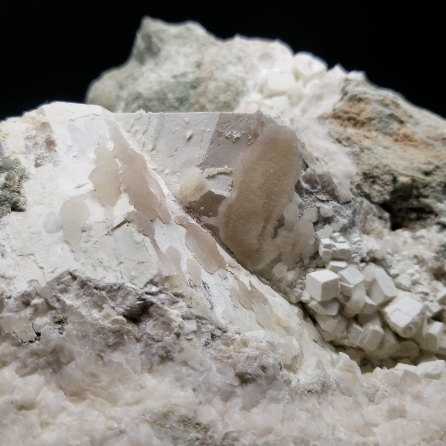 #11063 White Dolomite with small clear Nailhead Spar Calcite on Combined form Calcite and Calcite block formation with Calcite crystals on it and Spirit Quartz