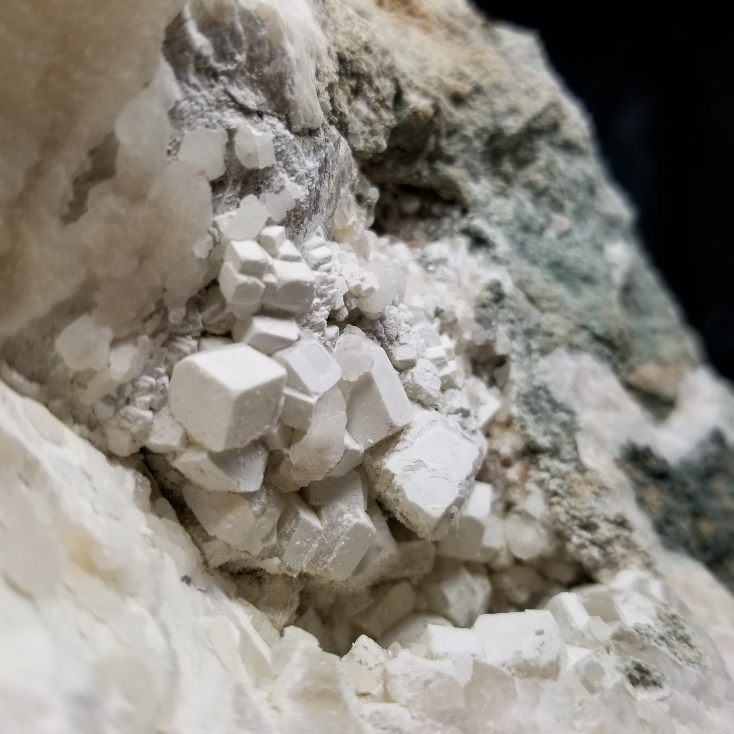 #11063 White Dolomite with small clear Nailhead Spar Calcite on Combined form Calcite and Calcite block formation with Calcite crystals on it and Spirit Quartz