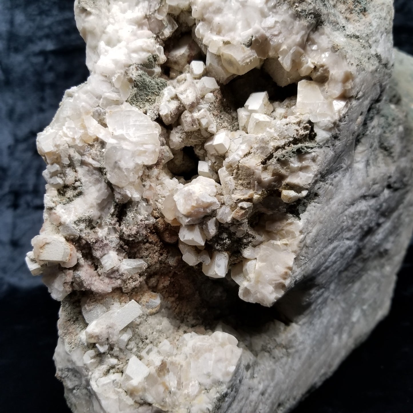 #11063 White Dolomite with small clear Nailhead Spar Calcite on Combined form Calcite and Calcite block formation with Calcite crystals on it and Spirit Quartz