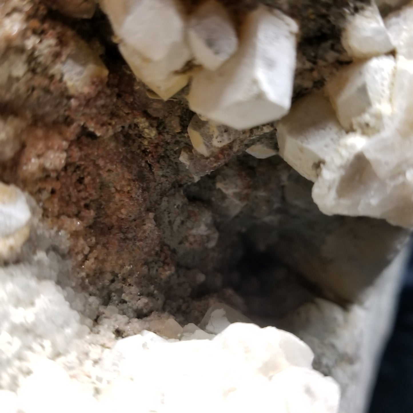 #11063 White Dolomite with small clear Nailhead Spar Calcite on Combined form Calcite and Calcite block formation with Calcite crystals on it and Spirit Quartz