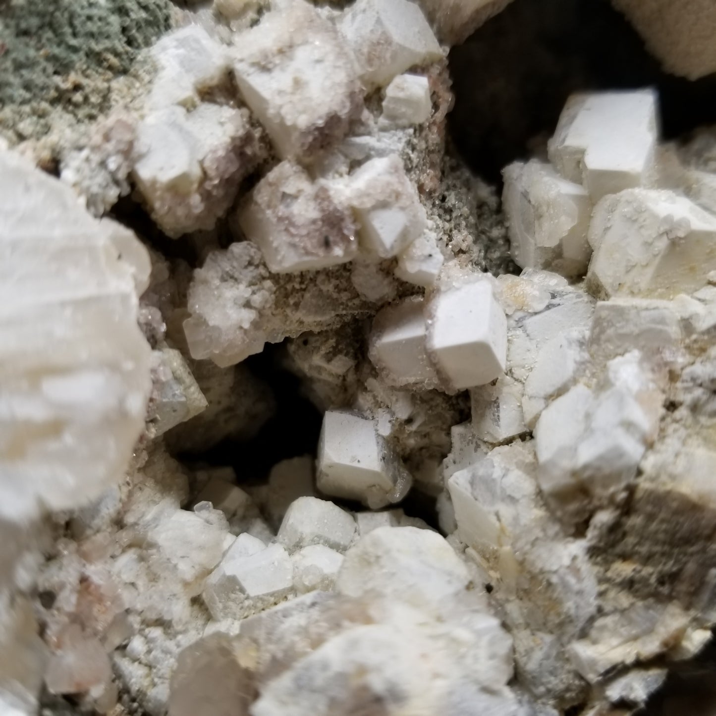 #11063 White Dolomite with small clear Nailhead Spar Calcite on Combined form Calcite and Calcite block formation with Calcite crystals on it and Spirit Quartz