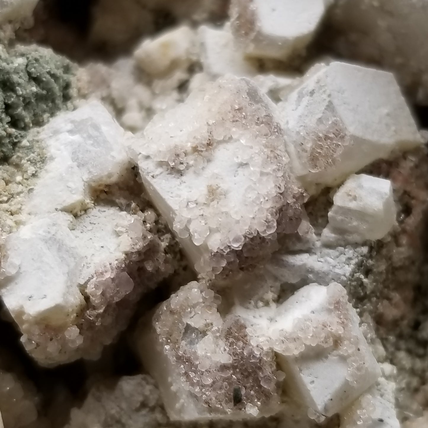 #11063 White Dolomite with small clear Nailhead Spar Calcite on Combined form Calcite and Calcite block formation with Calcite crystals on it and Spirit Quartz