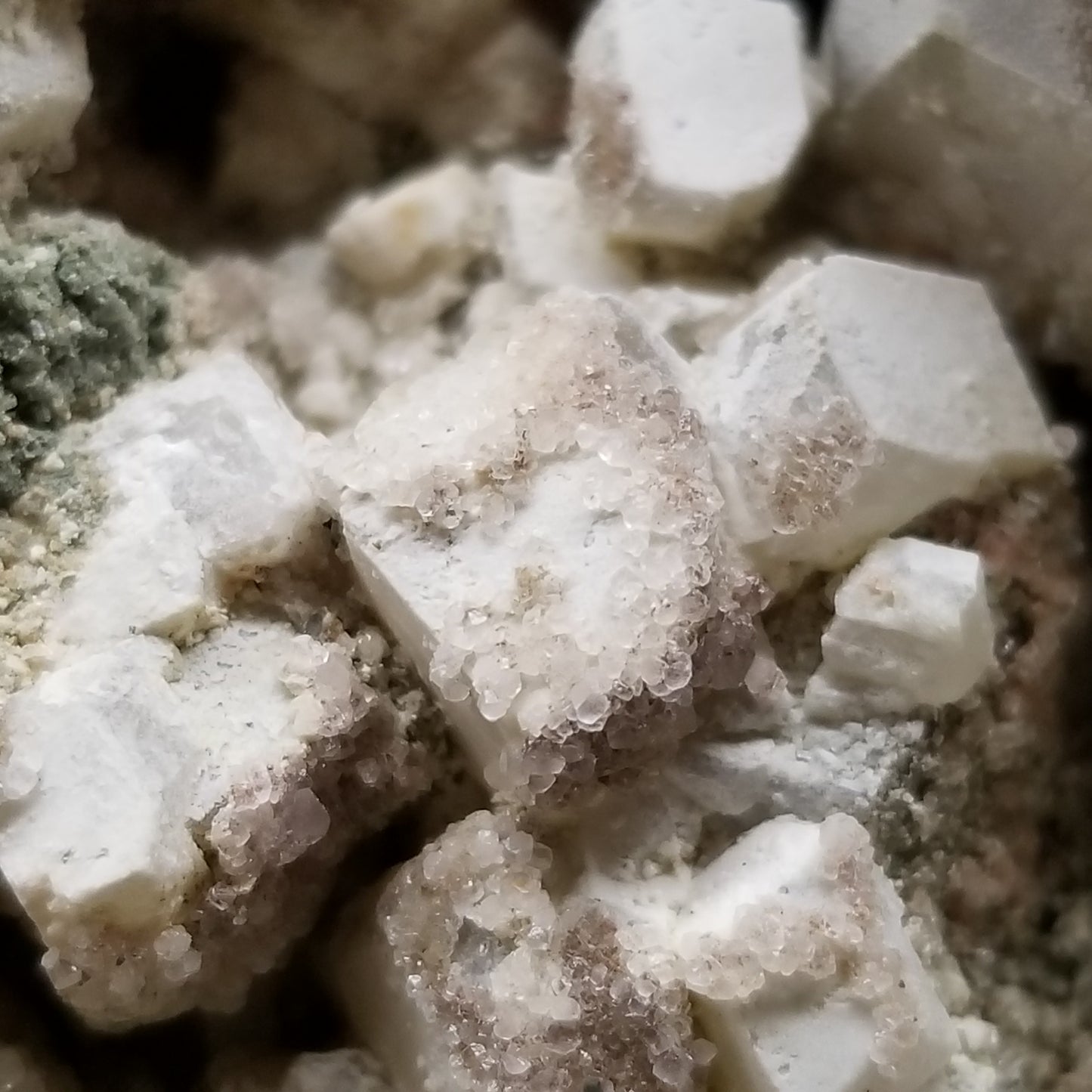 #11063 White Dolomite with small clear Nailhead Spar Calcite on Combined form Calcite and Calcite block formation with Calcite crystals on it and Spirit Quartz