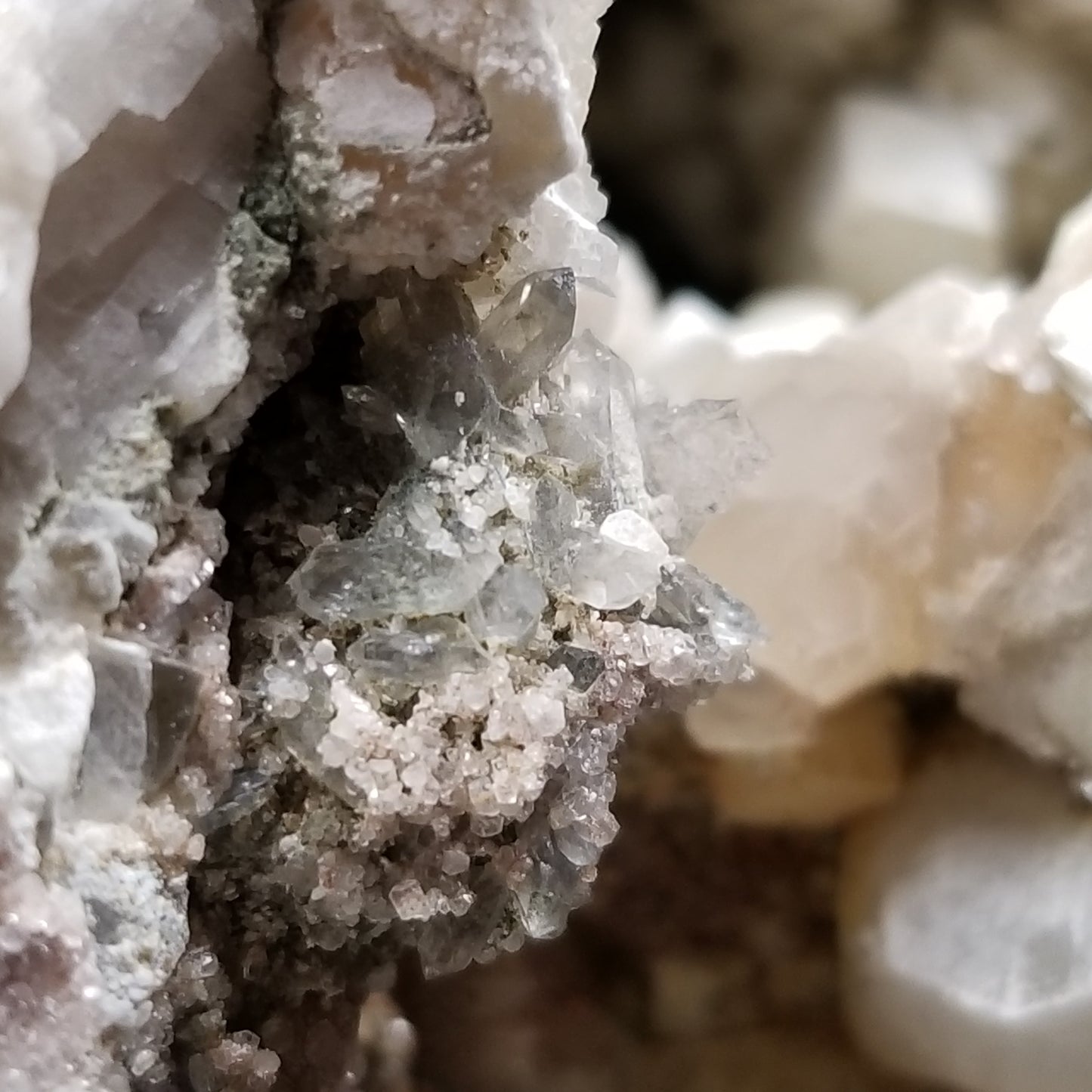 #11063 White Dolomite with small clear Nailhead Spar Calcite on Combined form Calcite and Calcite block formation with Calcite crystals on it and Spirit Quartz
