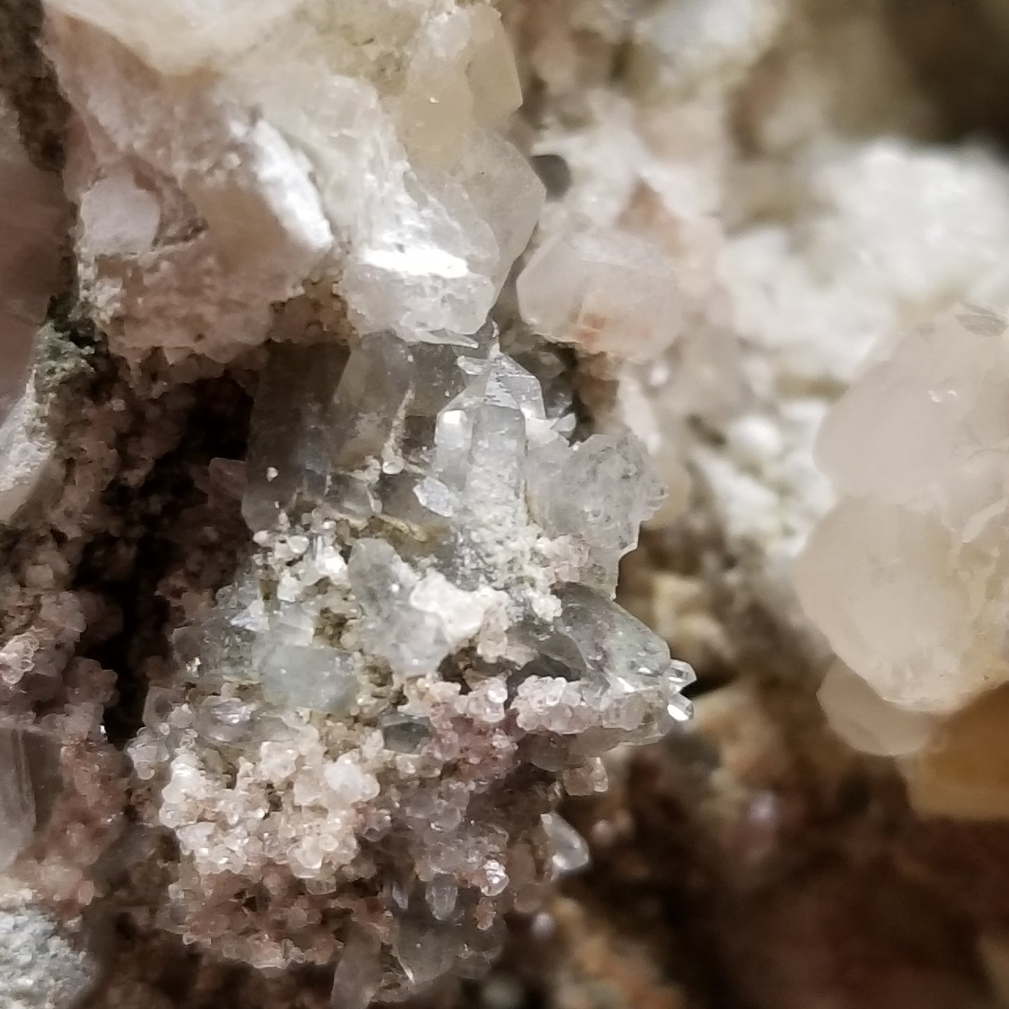 #11063 White Dolomite with small clear Nailhead Spar Calcite on Combined form Calcite and Calcite block formation with Calcite crystals on it and Spirit Quartz