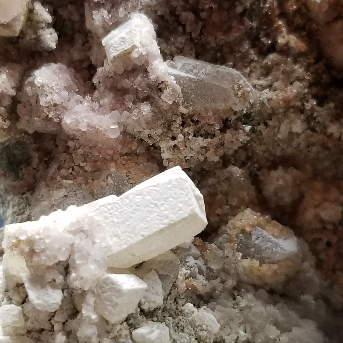 #11063 White Dolomite with small clear Nailhead Spar Calcite on Combined form Calcite and Calcite block formation with Calcite crystals on it and Spirit Quartz