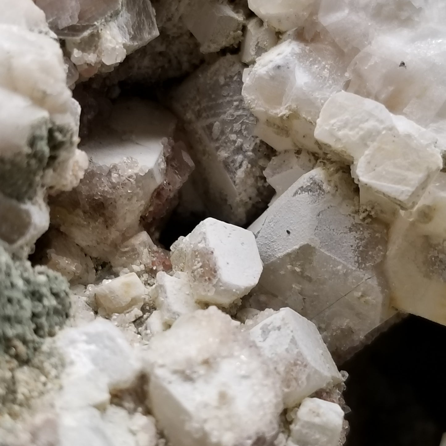 #11063 White Dolomite with small clear Nailhead Spar Calcite on Combined form Calcite and Calcite block formation with Calcite crystals on it and Spirit Quartz