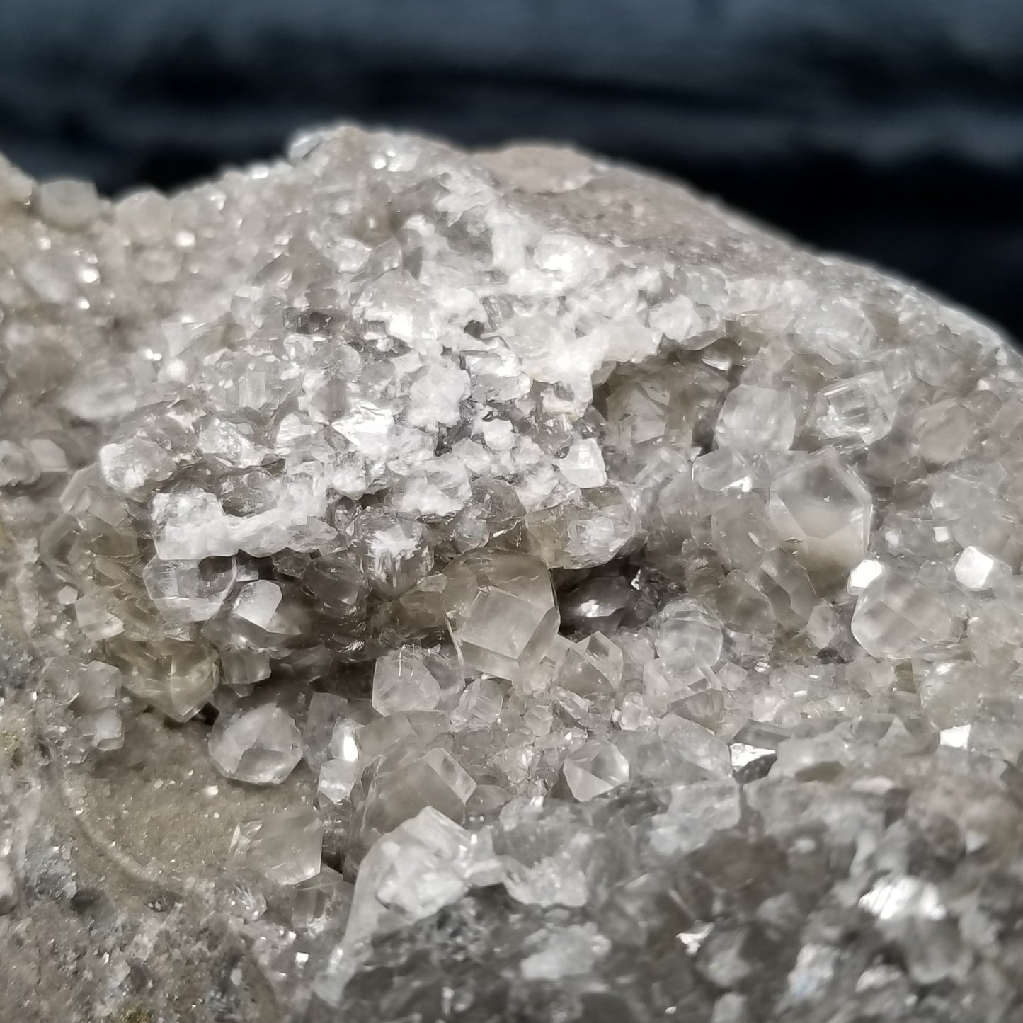 #33002 Transparent Nailhead Spar Calcite geode, Chalcopyrite ore and small fossils in matrix