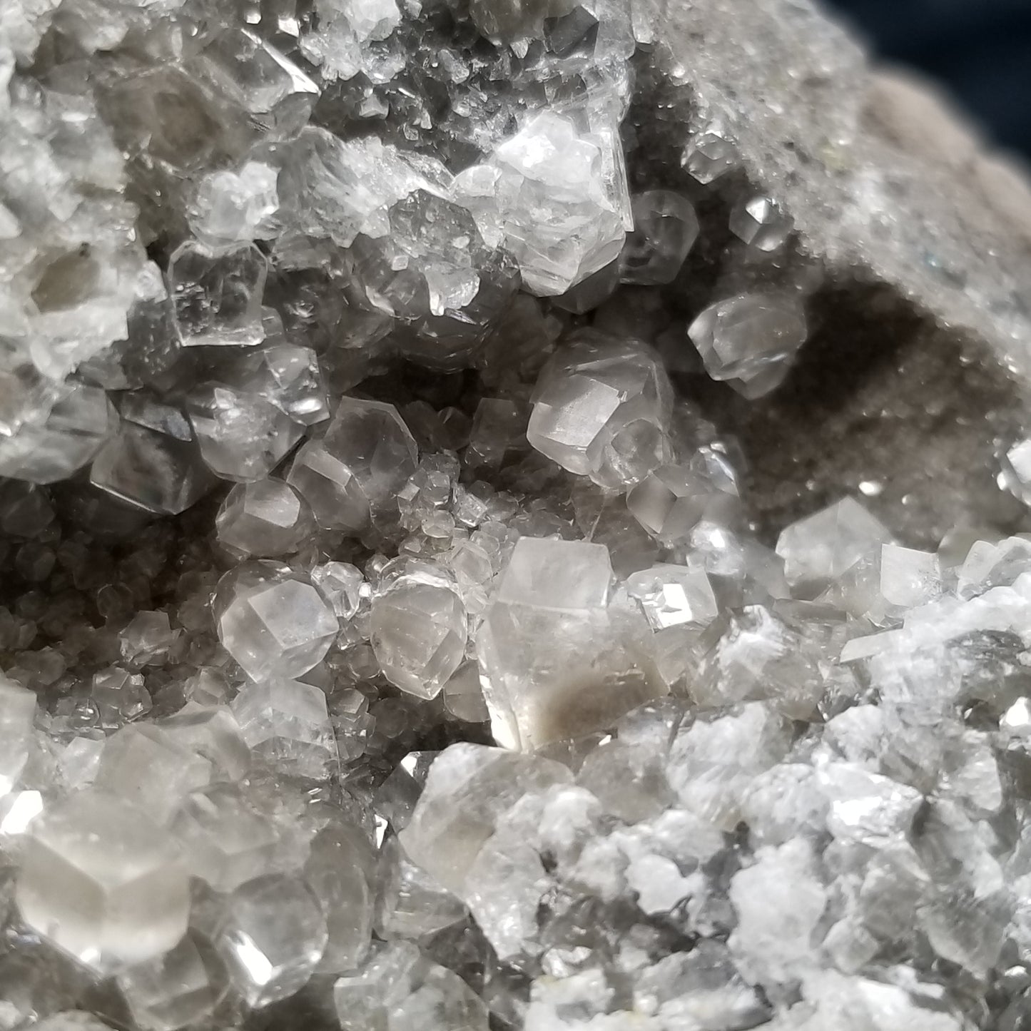 #33002 Transparent Nailhead Spar Calcite geode, Chalcopyrite ore and small fossils in matrix