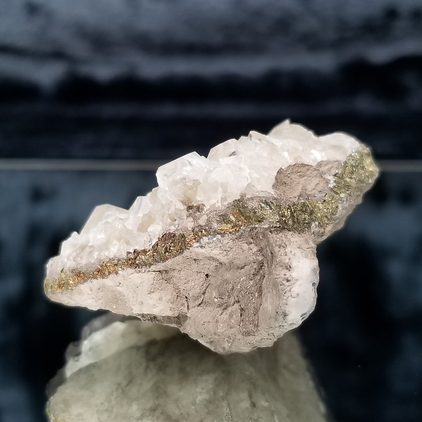 #33003 Super clear Nailhead Spar Calcite cluster, Chalcopyrite ore and multiple small fossils in the matrix