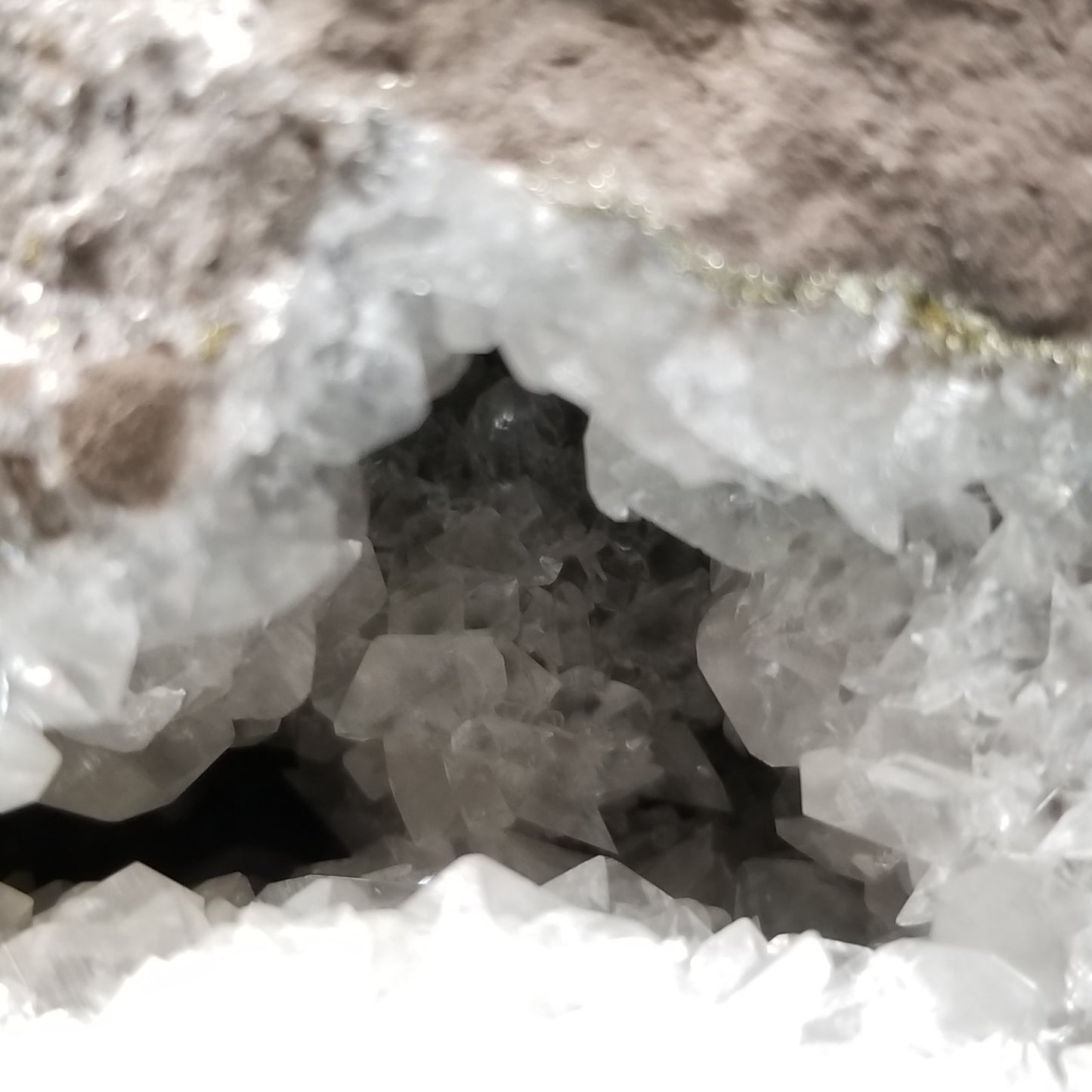 #33008 Super clear Nailhead Spar Calcite geode, Chalcopyrite ore and multiple small fossils in the matrix