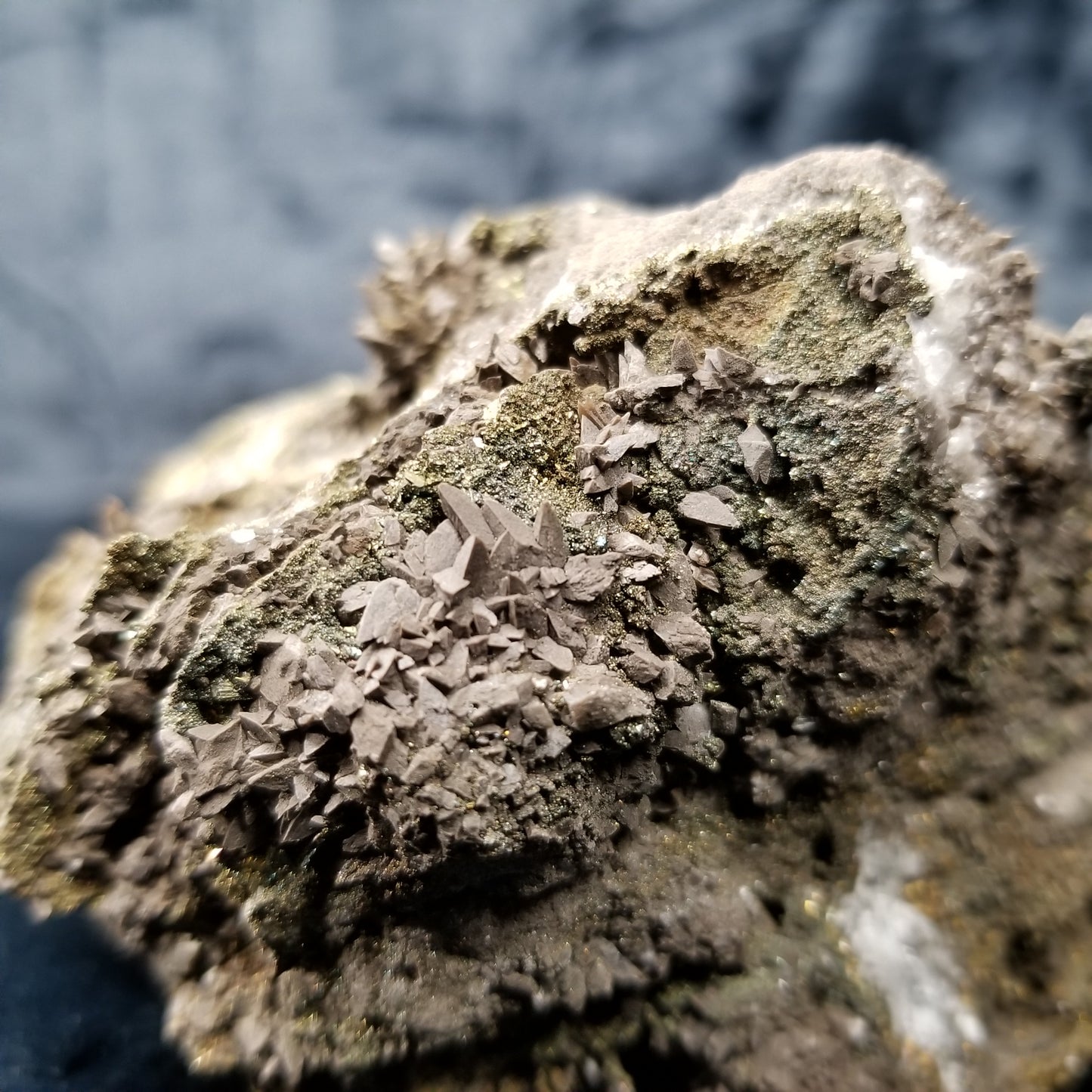 #33016 Super clear Nailhead Spar Calcite and Dogtooth Spar Calcite geode, Chalcopyrite ore and multiple small fossils in the matrix