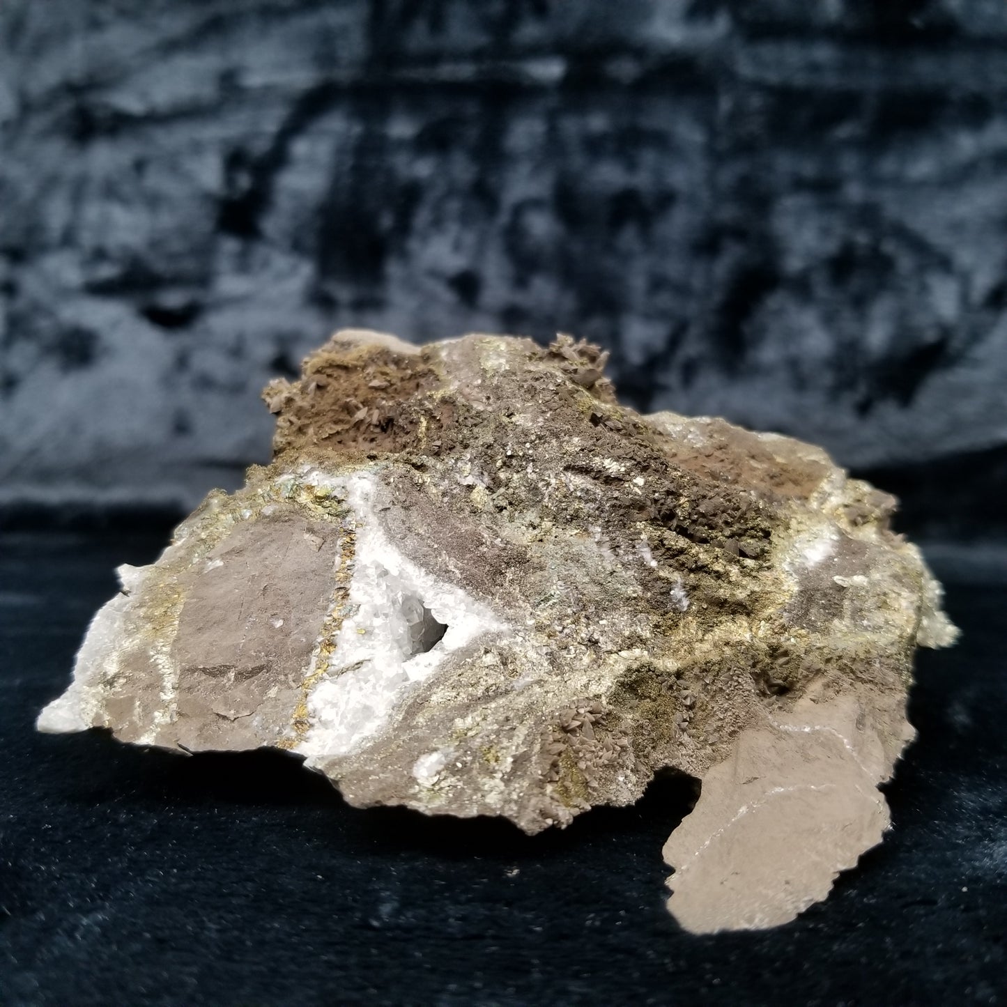 #33016 Super clear Nailhead Spar Calcite and Dogtooth Spar Calcite geode, Chalcopyrite ore and multiple small fossils in the matrix