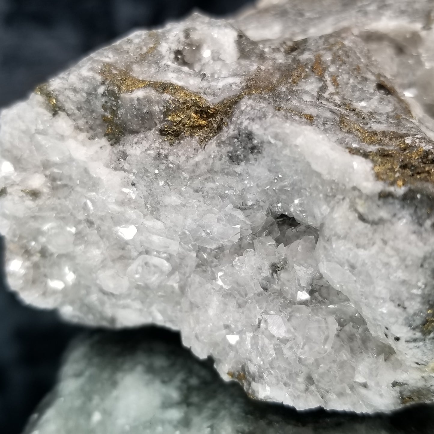 #33019-B Super clear Nailhead Spar Calcite cluster, Chalcopyrite ore and multiple small fossils in the matrix