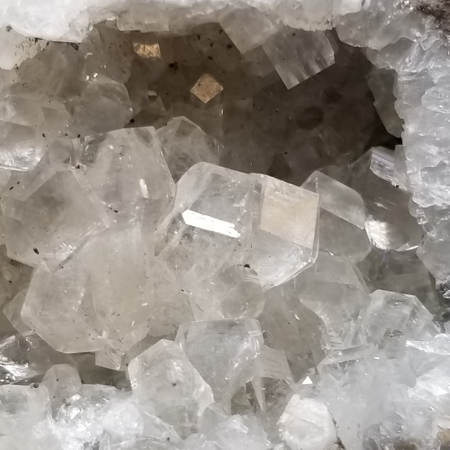 #33021 Super clear Nailhead Spar Calcite geode, Chalcopyrite ore and multiple small fossils in the matrix