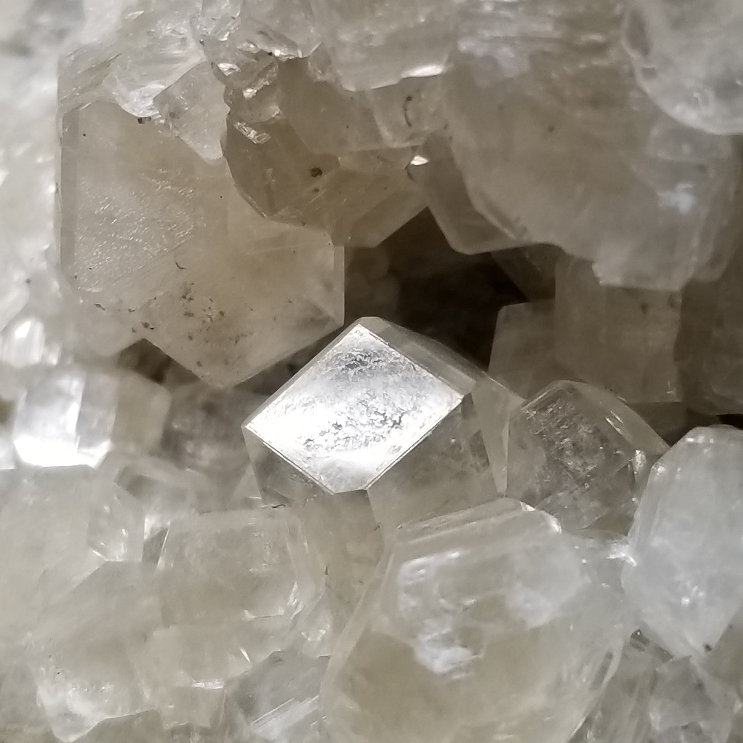 #33021 Super clear Nailhead Spar Calcite geode, Chalcopyrite ore and multiple small fossils in the matrix