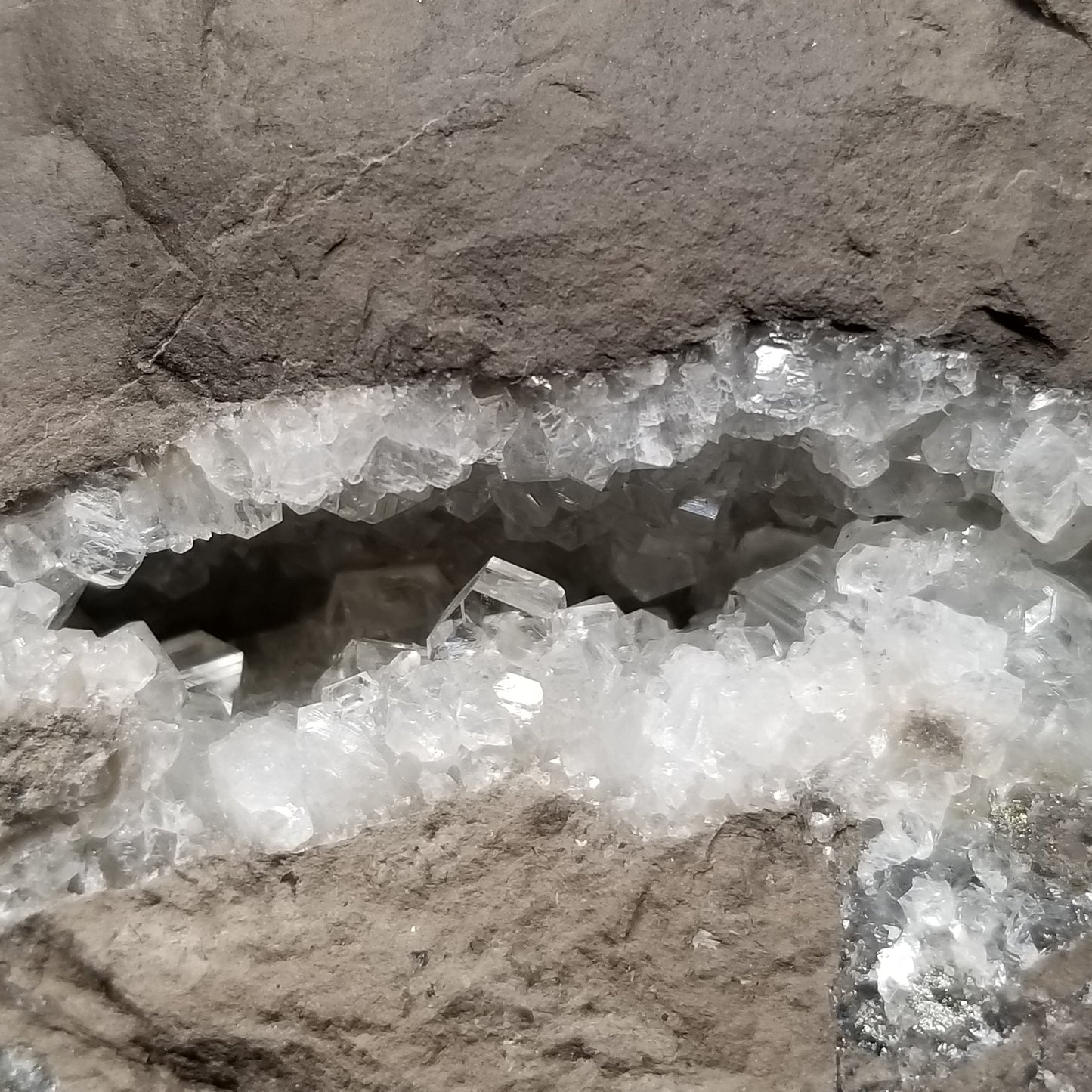 #33024 Super clear Nailhead Spar Calcite geode, Chalcopyrite ore and multiple small fossils in the matrix