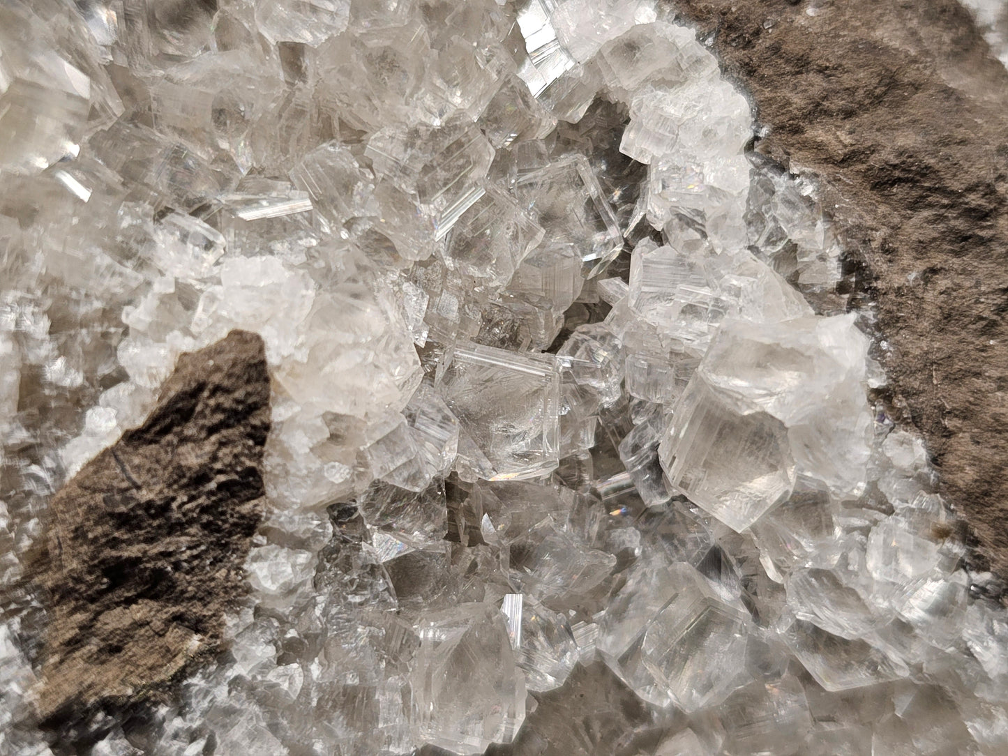 #33031 Super clear Nailhead Spar Calcite cluster, Chalcopyrite ore, rare **Turritella** and multiple small fossils in the matrix