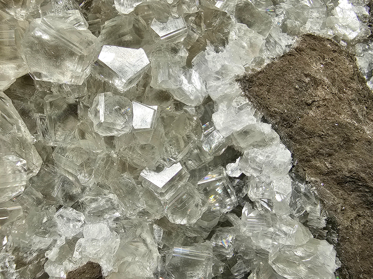 #33031 Super clear Nailhead Spar Calcite cluster, Chalcopyrite ore, rare **Turritella** and multiple small fossils in the matrix