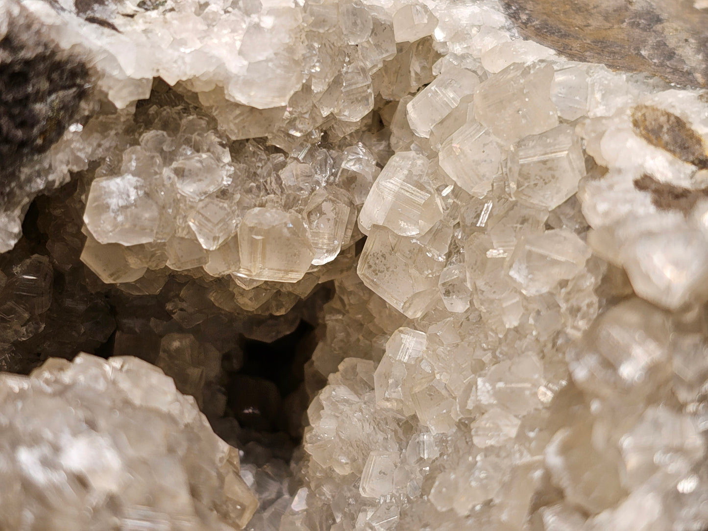 #33032 Super clear Nailhead Spar Calcite geode, Chalcopyrite ore and multiple small fossils in the matrix