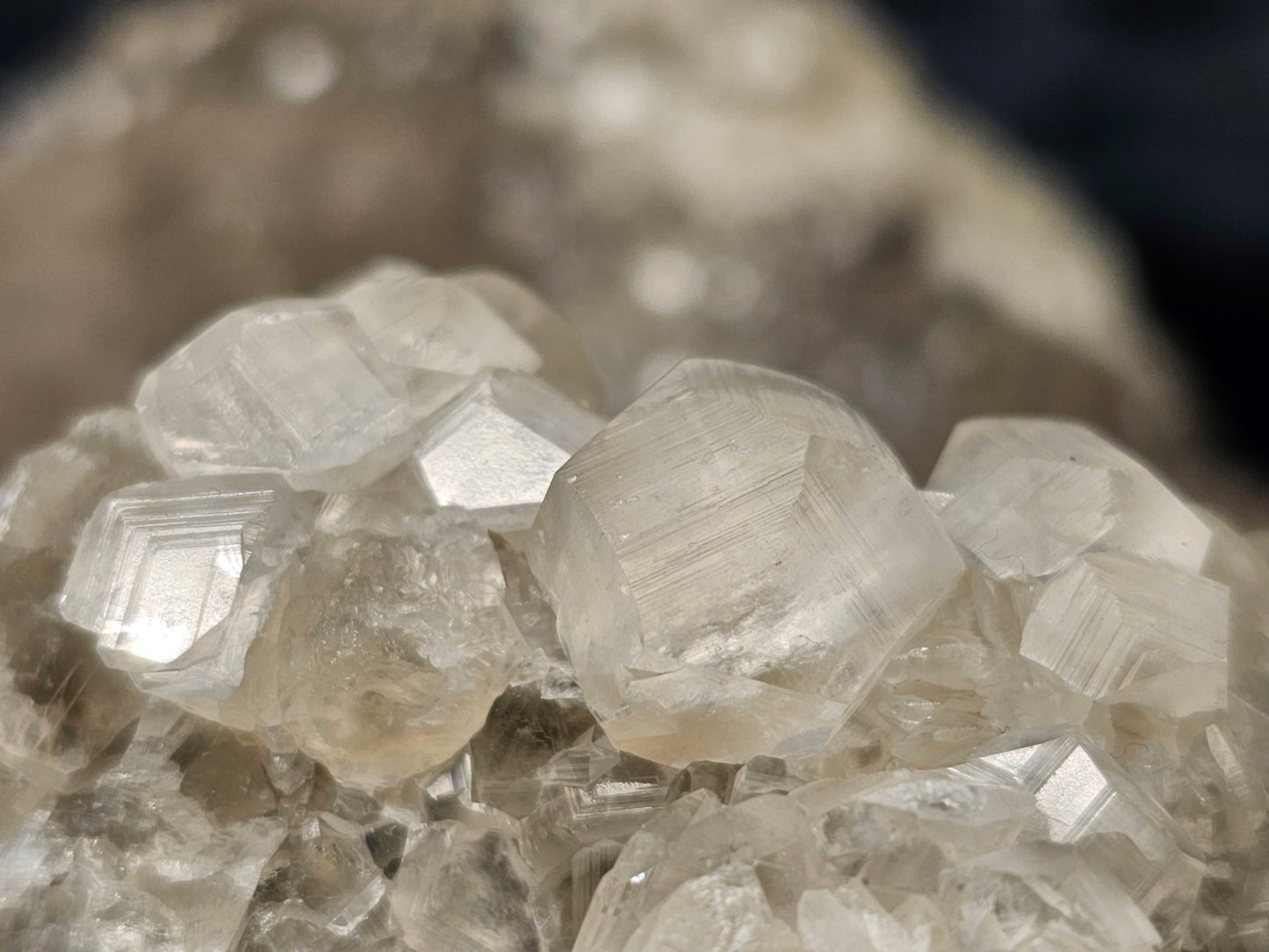 #33037 Super clear Nailhead Spar Calcite geode, Chalcopyrite ore and multiple small fossils in the matrix