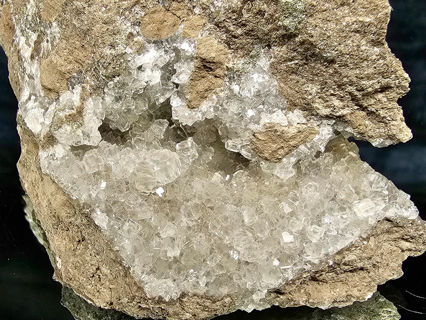 #33036  Super clear Nailhead Spar Calcite cluster, Chalcopyrite ore and multiple small fossils in the matrix