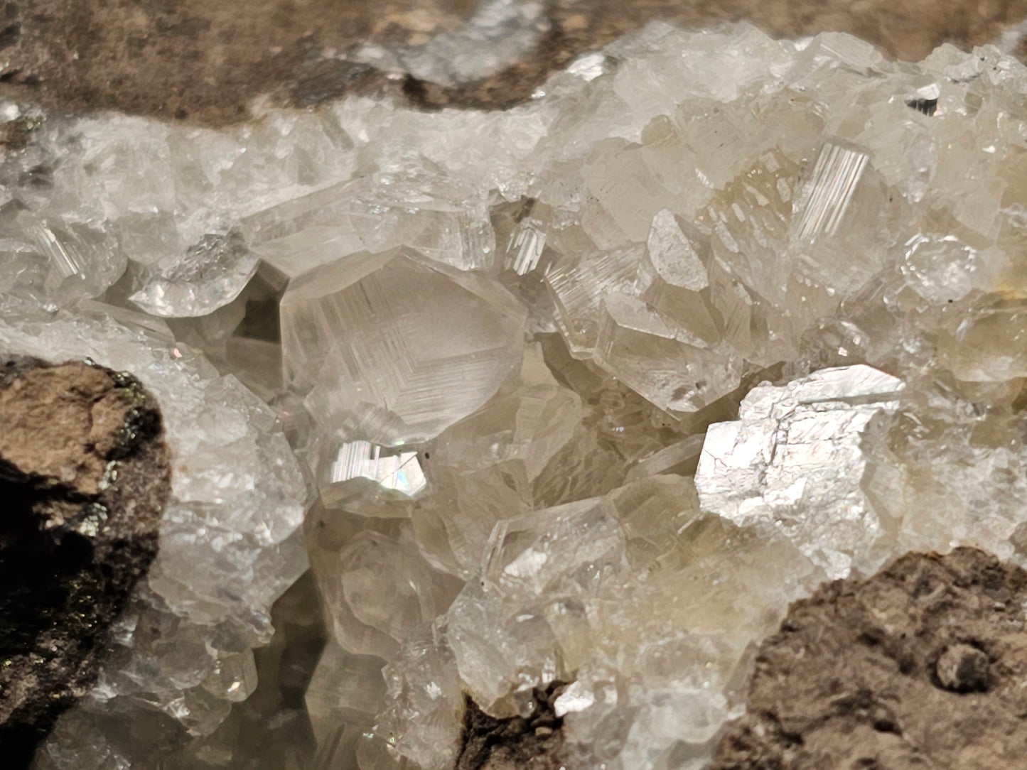 #33053 Super clear Nailhead Spar Calcite cluster, Chalcopyrite ore and multiple small fossils in the matrix