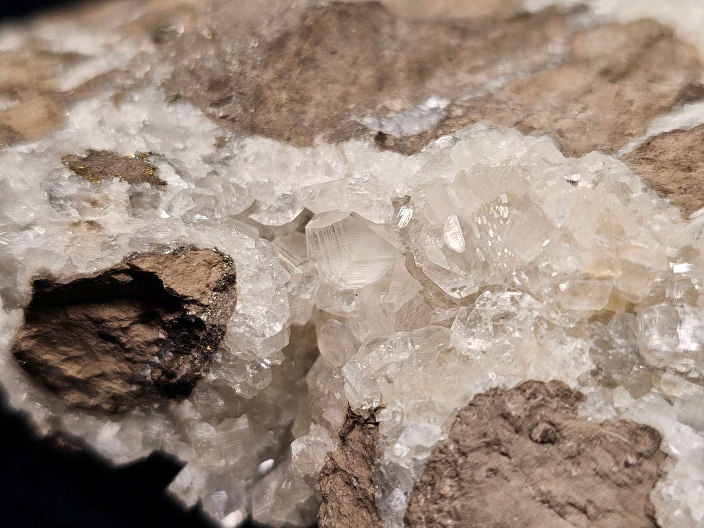 #33053 Super clear Nailhead Spar Calcite cluster, Chalcopyrite ore and multiple small fossils in the matrix